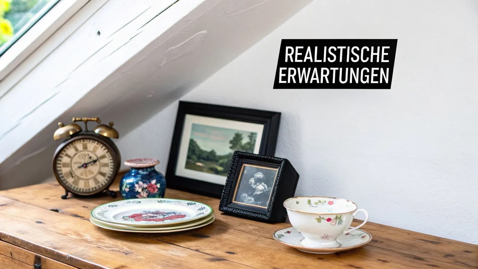 Sammlung antiker Gegenstände, darunter Wecker, Geschirr und Bilder, mit Text 'REALISTISCHE ERWARTUNGEN'.