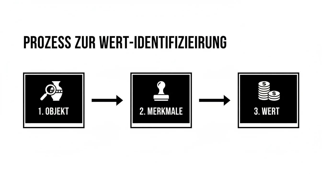 Ein Diagramm zeigt den Prozess zur Wert-Identifizierung: von Objekt, über Merkmale bis zum finalen Wert.