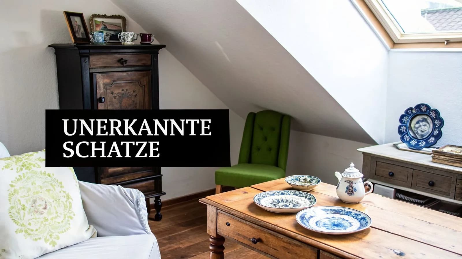 Dachzimmer mit antiken Möbeln, Dekorationsgegenständen und Geschirr, unter dem Titel 'Unerkannte Schätze'.