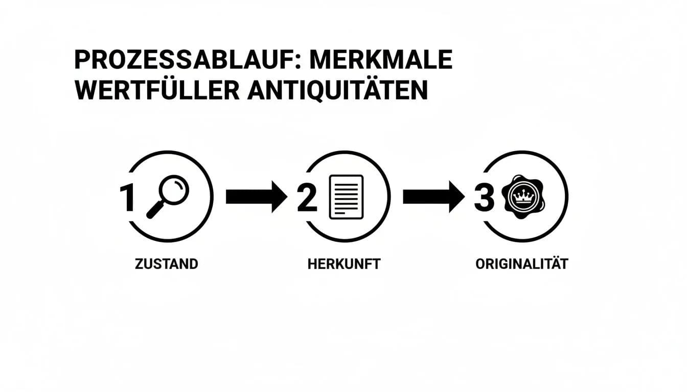 Ein Flussdiagramm zeigt den Bewertungsprozess für wertvolle Antiquitäten in drei Schritten: Zustand, Herkunft und Originalität.