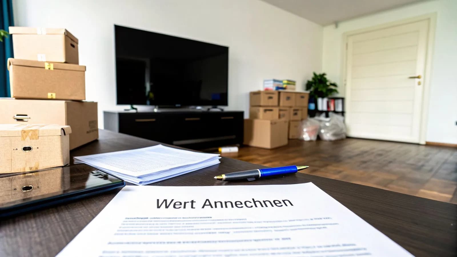 Ein Schreibtisch mit Dokumenten, einem Stift und Umzugskartons in einem hellen Raum.