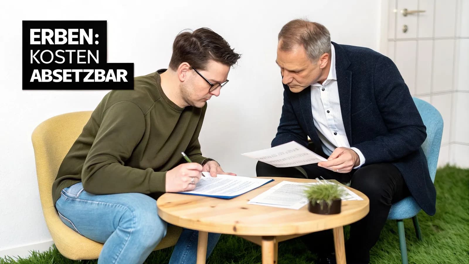 Zwei Männer besprechen Dokumente an einem Tisch, einer unterschreibt, mit dem Text 'Erben: Kosten absetzbar'.