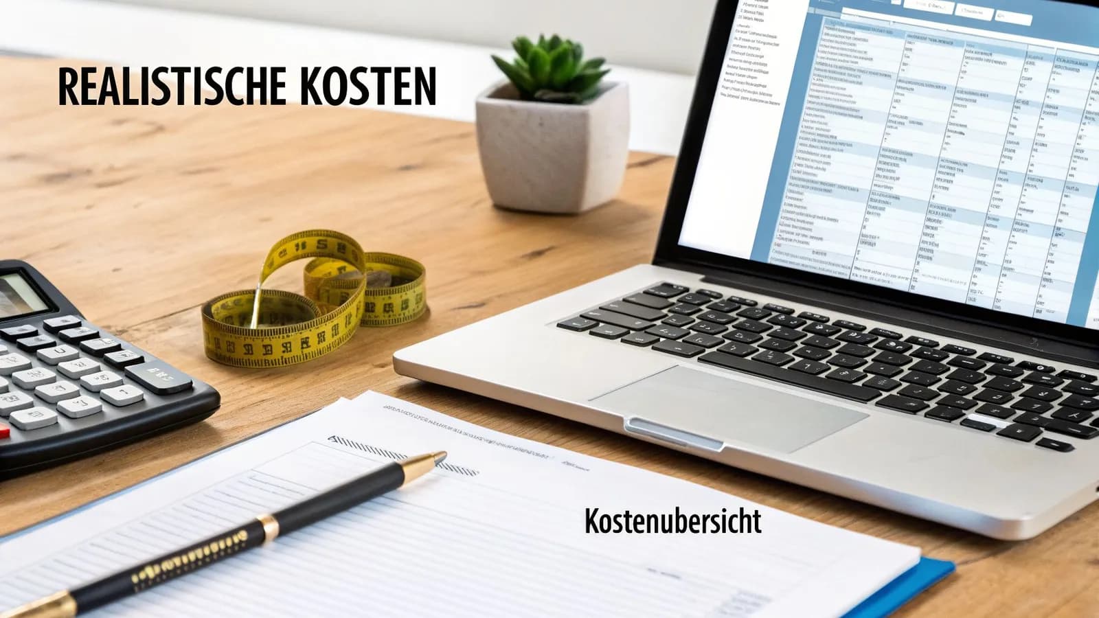 Bürotisch mit Laptop, Rechner, Maßband und Dokumenten für realistische Kostenplanung und Kostenübersicht.