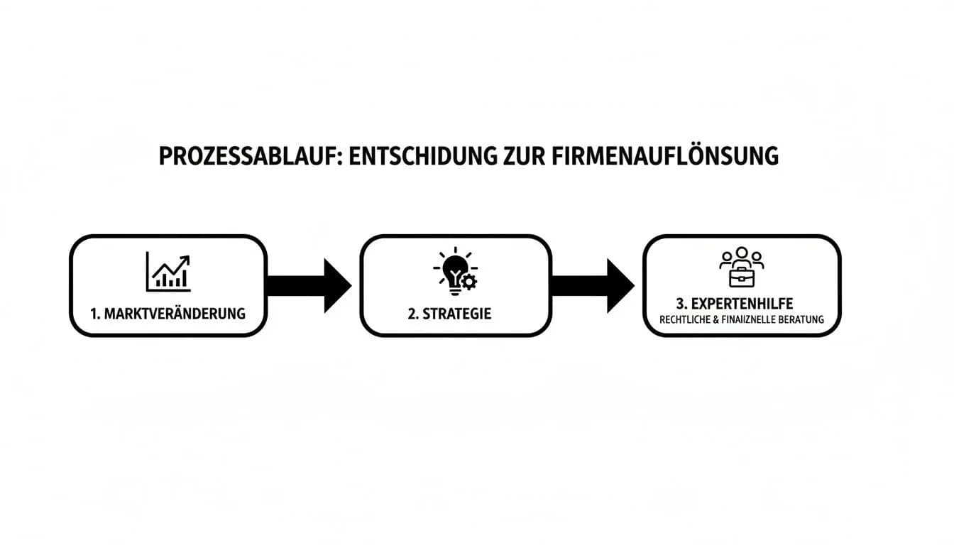 Prozessablauf-Diagramm zur Entscheidung über Firmenauflösung, das Schritte wie Marktveränderung, Strategie und Expertenhilfe zeigt.