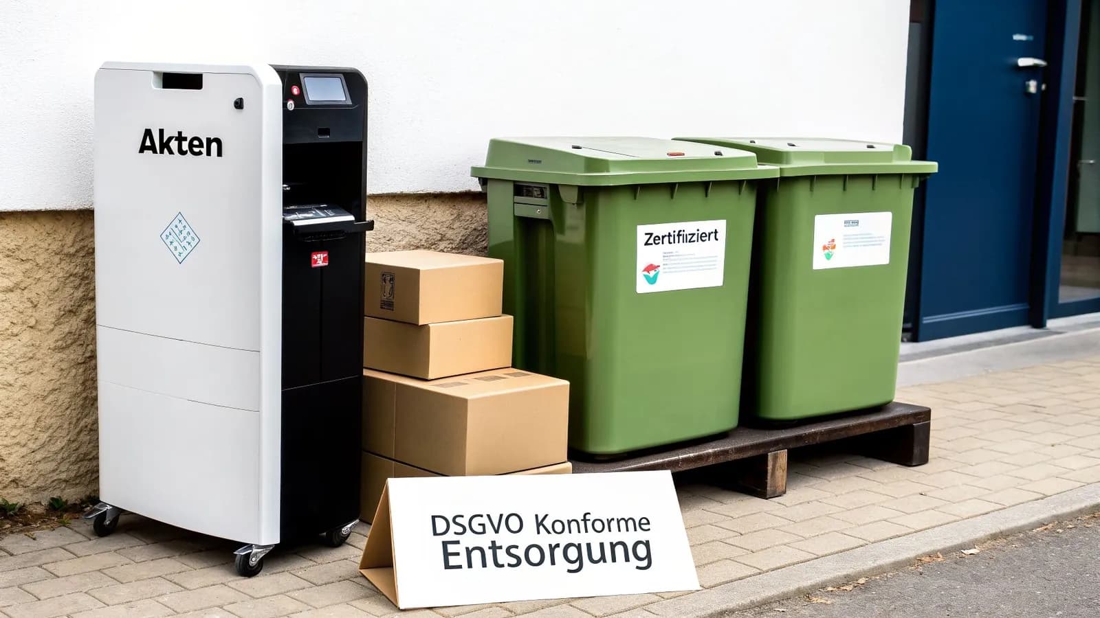 Aktenvernichter, Kartons und grüne Tonnen für DSGVO-konforme Datenentsorgung im Außenbereich.