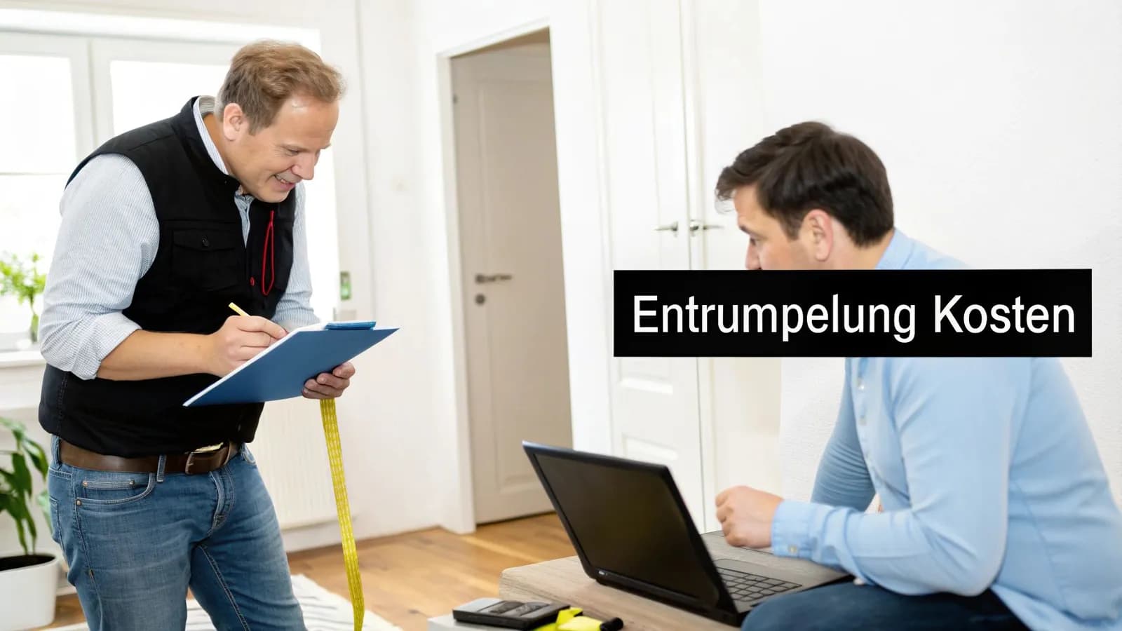 Zwei Männer besprechen die Kosten einer Entrümpelung, einer schreibt, der andere arbeitet am Laptop.