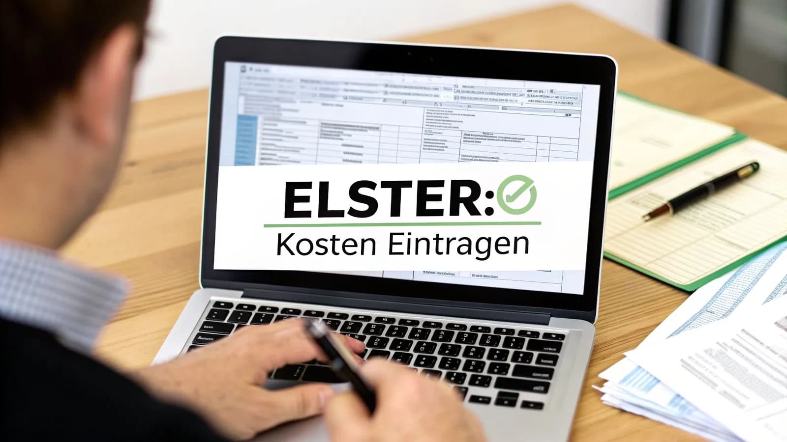 Person gibt Kosten in ELSTER am Laptop ein, um die Steuererklärung vorzubereiten.