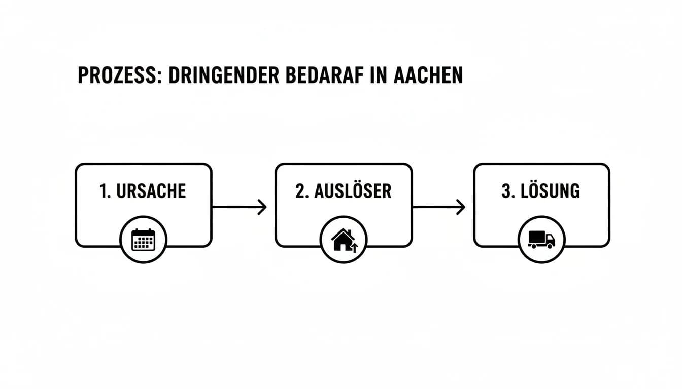Prozessdiagramm zum dringenden Bedarf in Aachen, zeigt Ursache (Kalender), Auslöser (Haus) und Lösung (LKW).