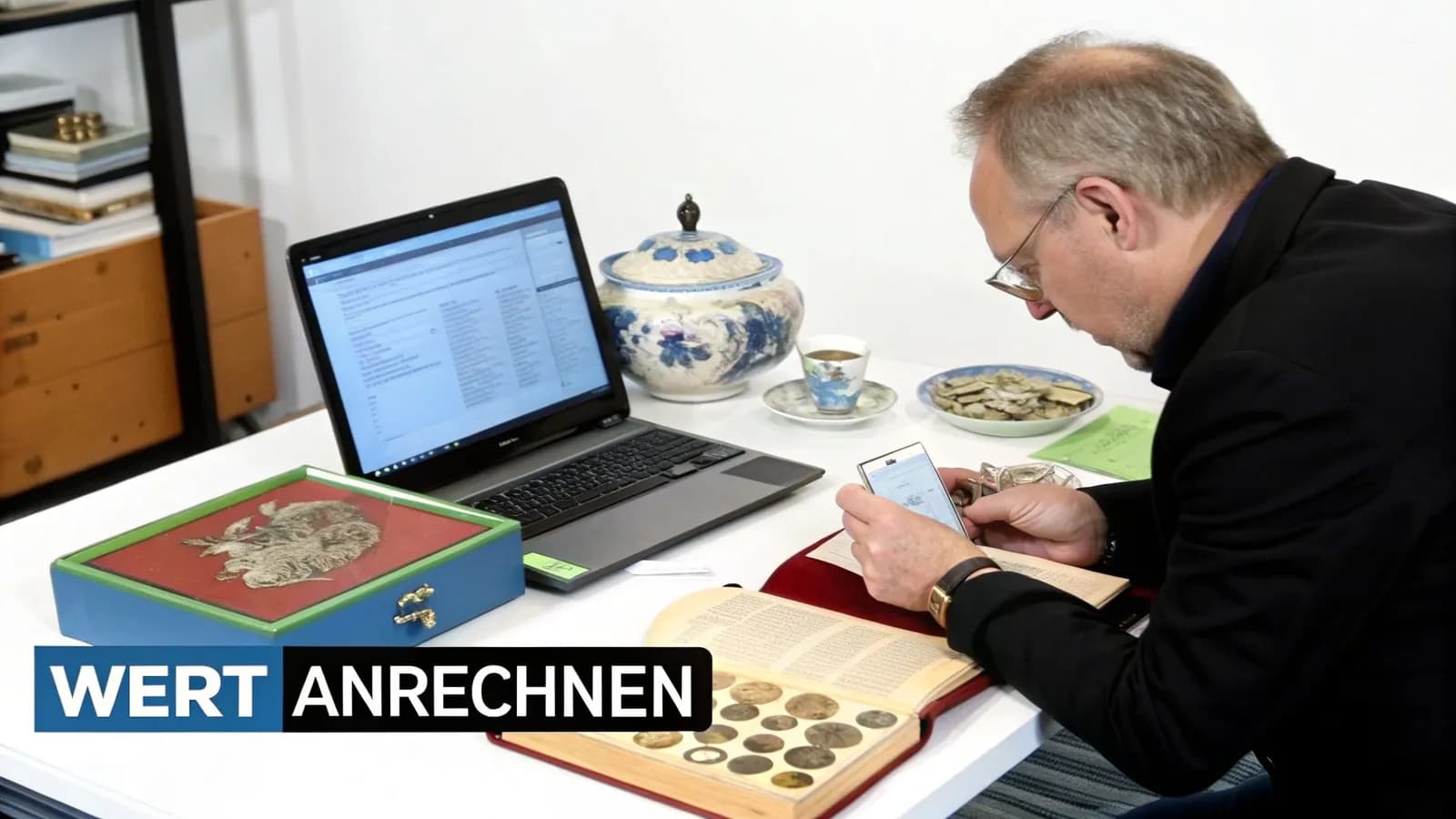 Mann bewertet historische Objekte und Münzen am Tisch mit Laptop und Smartphone.