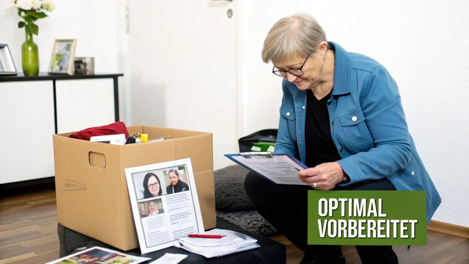 Ältere Frau überprüft Dokumente neben einem Umzugskarton, um optimal auf einen Umzug vorbereitet zu sein.