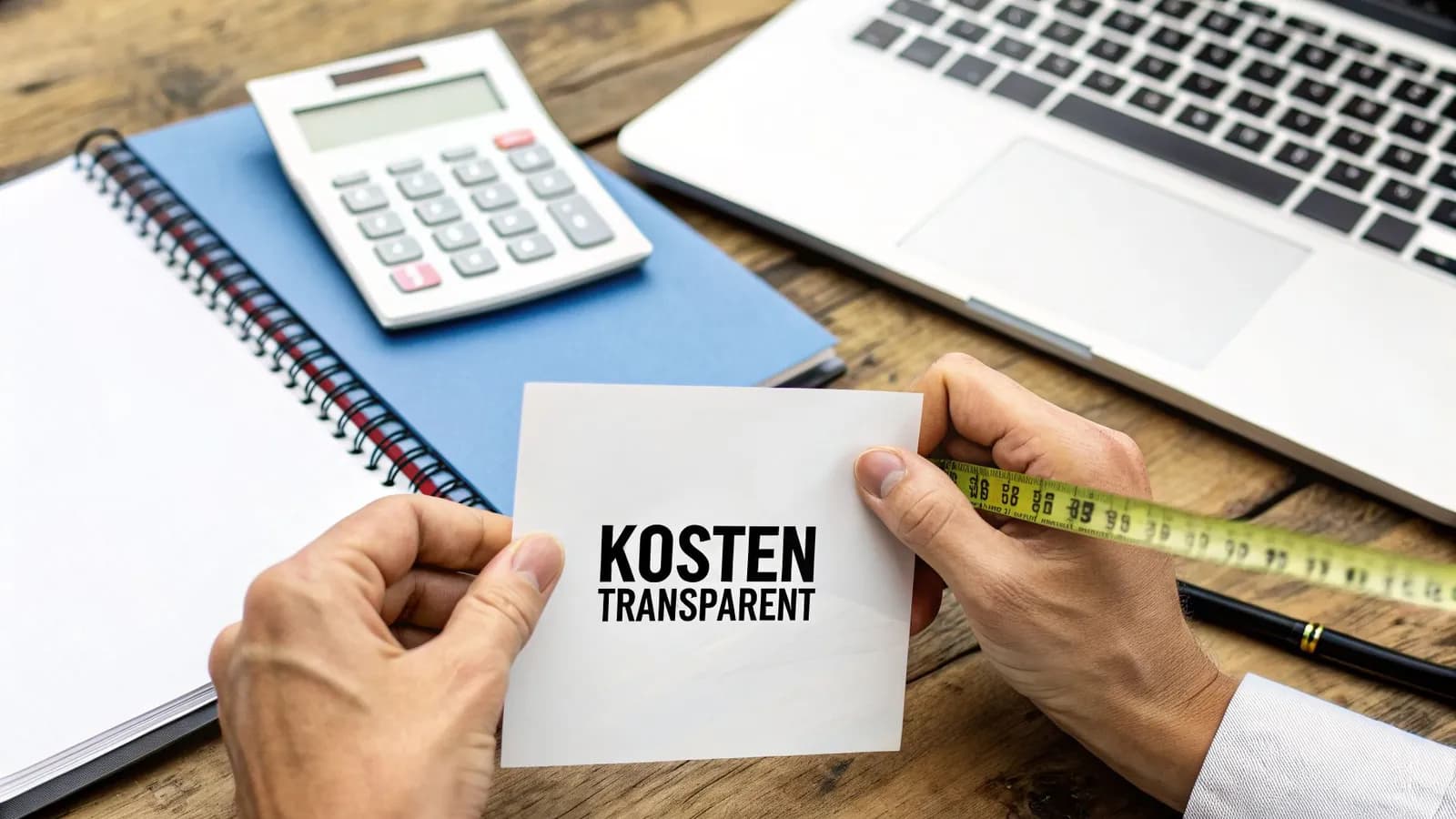 Hände halten ein Blatt mit 'KOSTEN TRANSPARENT', daneben Taschenrechner, Notizbuch und Laptop auf Holztisch.