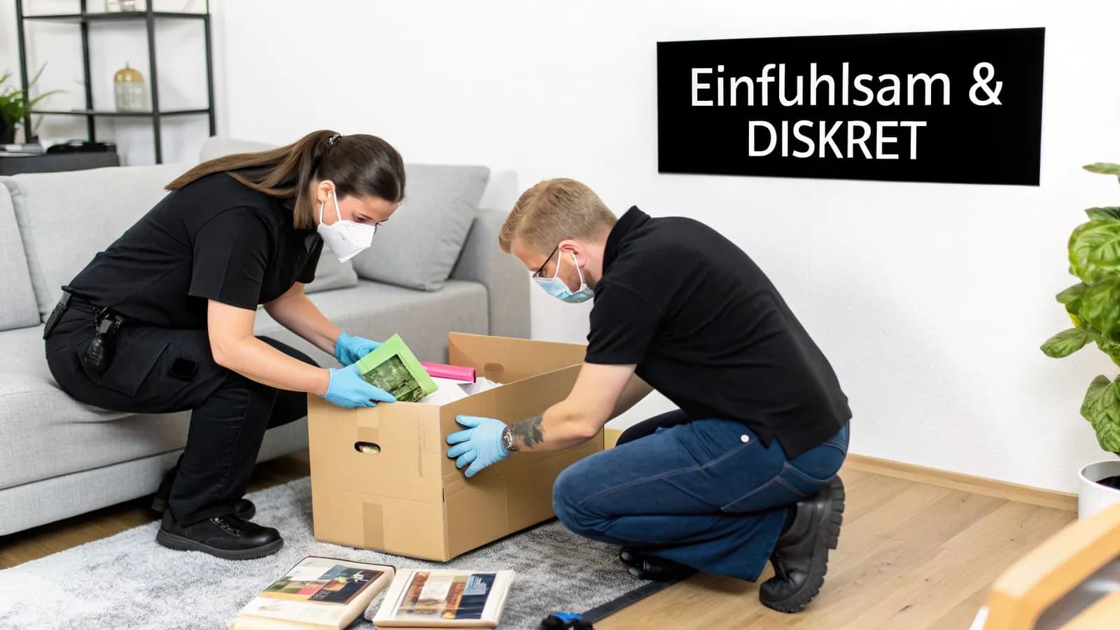 Zwei Personen mit Masken und Handschuhen sortieren diskret Gegenstände aus einer Kiste in einem Zimmer.