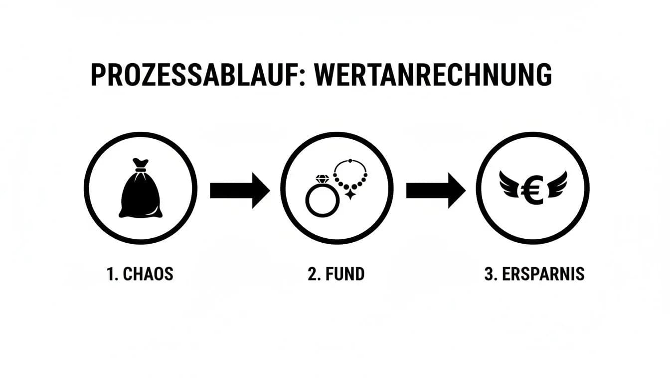 Prozessablauf zur Wertanrechnung: Von der Unordnung über den Fund von Wertsachen bis zur Ersparnis dargestellt.