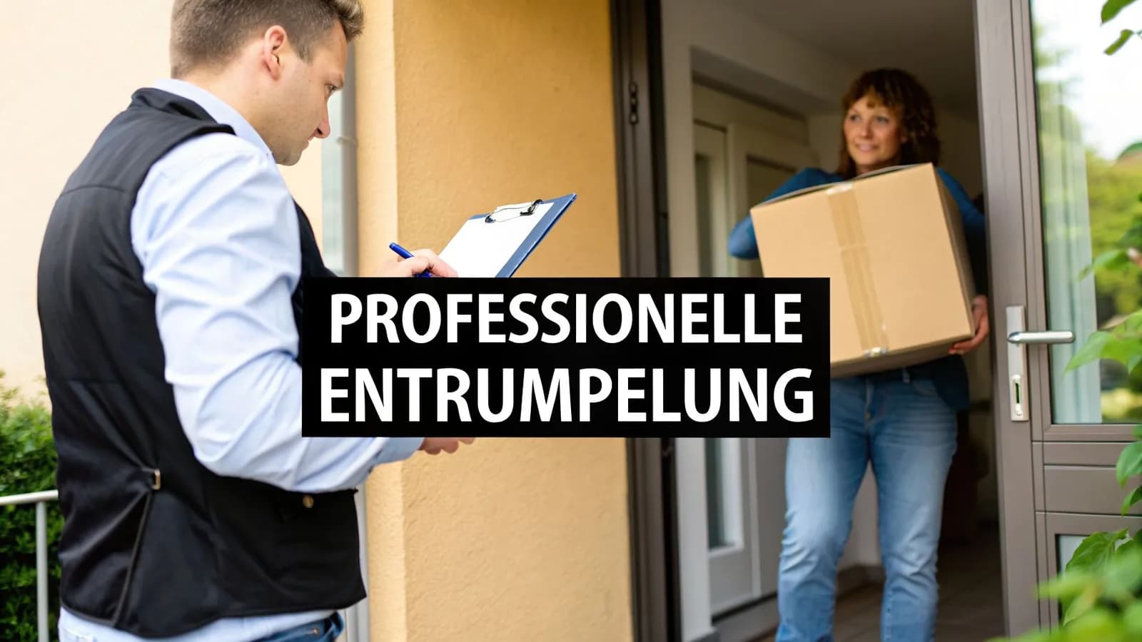 Ein Lieferant mit Klemmbrett und eine Frau mit einem Paket an der Haustür für professionelle Entrümpelung.