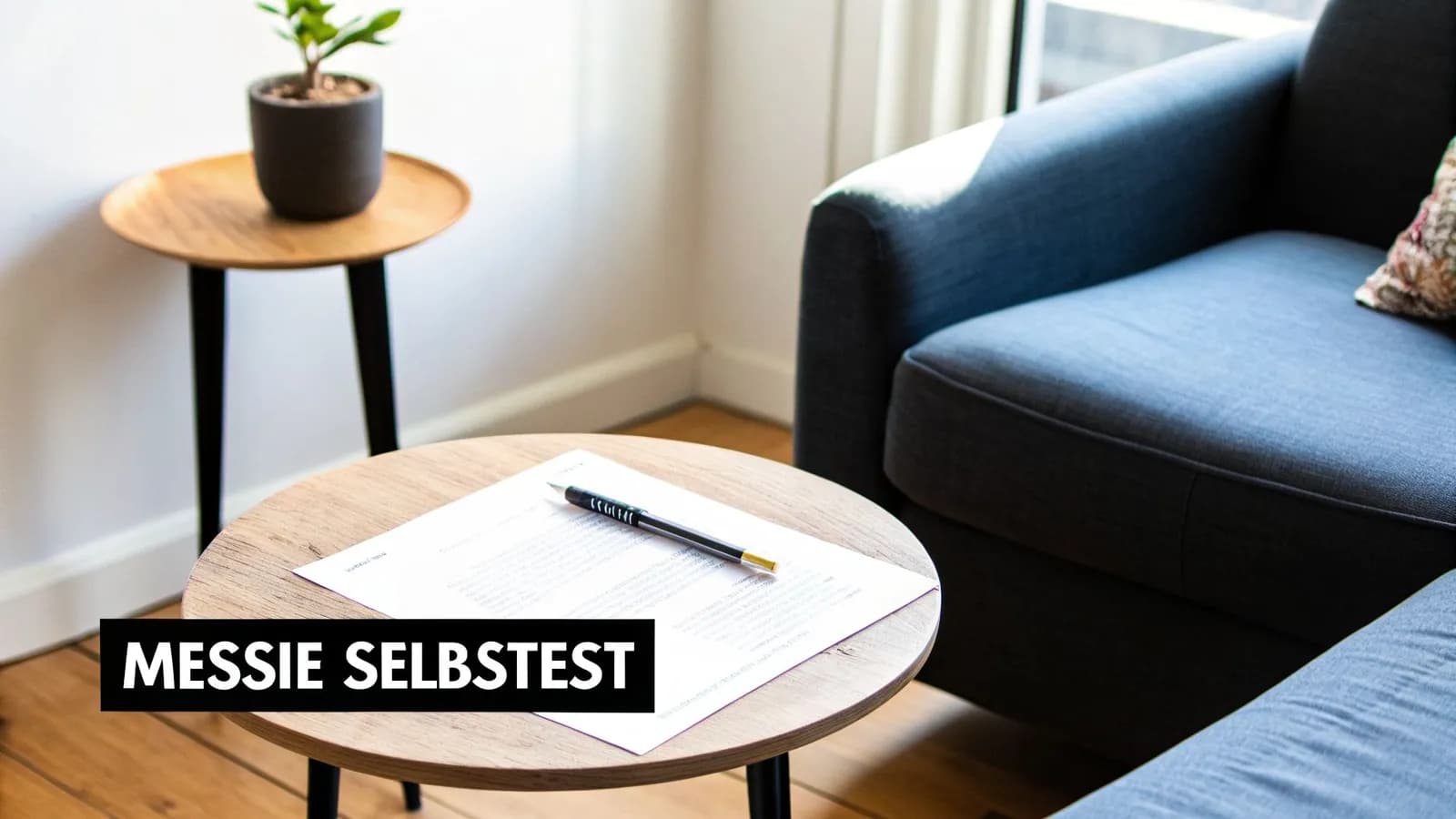 Dokument "Messie Selbsttest" und Stift auf Holztisch in einem Raum mit Pflanze und Sessel.