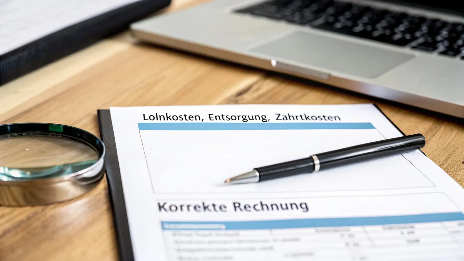 Dokument mit Lohnkosten, Entsorgung und Rechnung, Stift, Lupe und Laptop auf Holztisch.