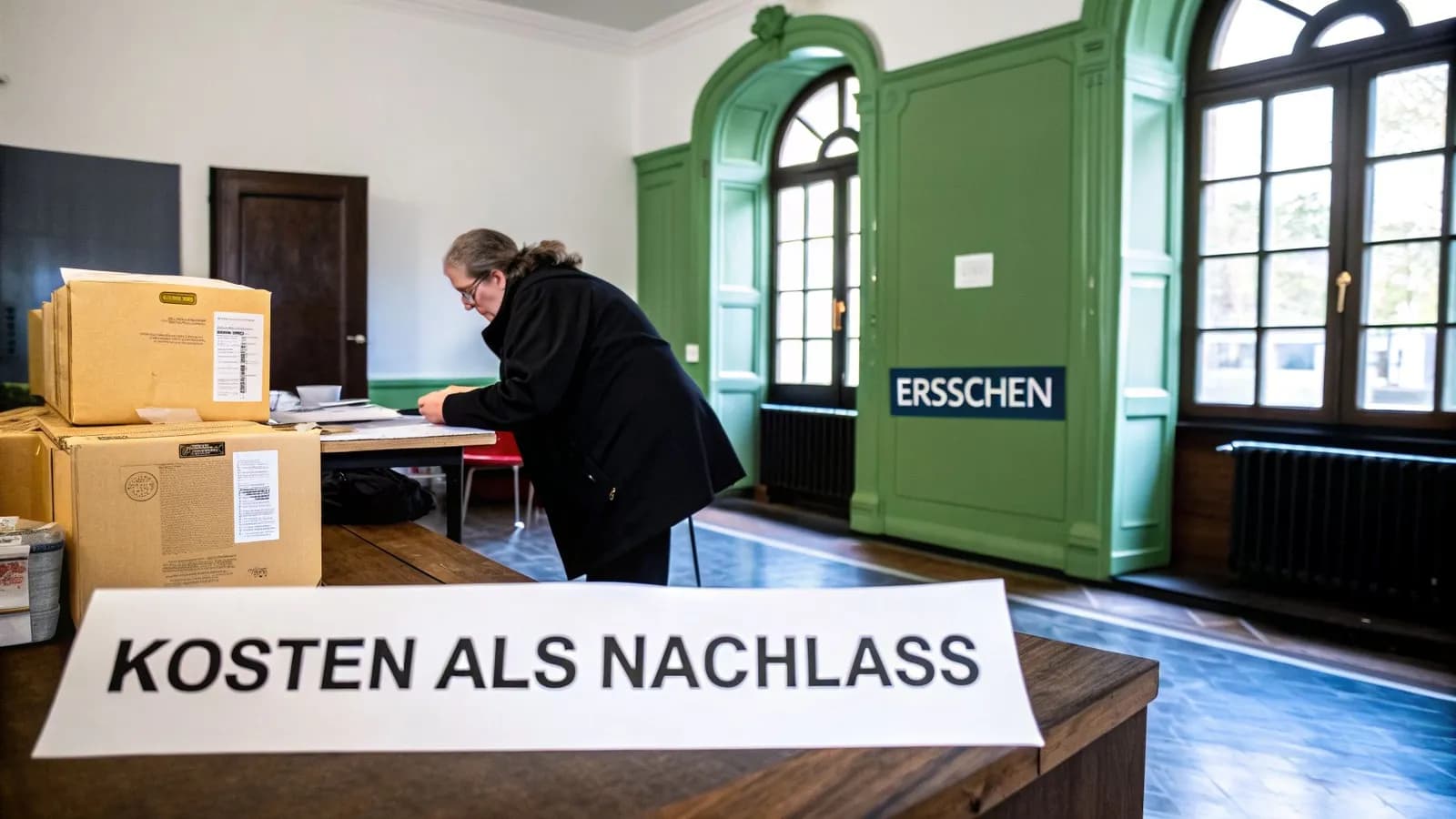 Eine Person arbeitet an einem Tisch mit Kartons und einem Schild „KOSTEN ALS NACHLASS“ in einem Raum mit grünen Wänden.