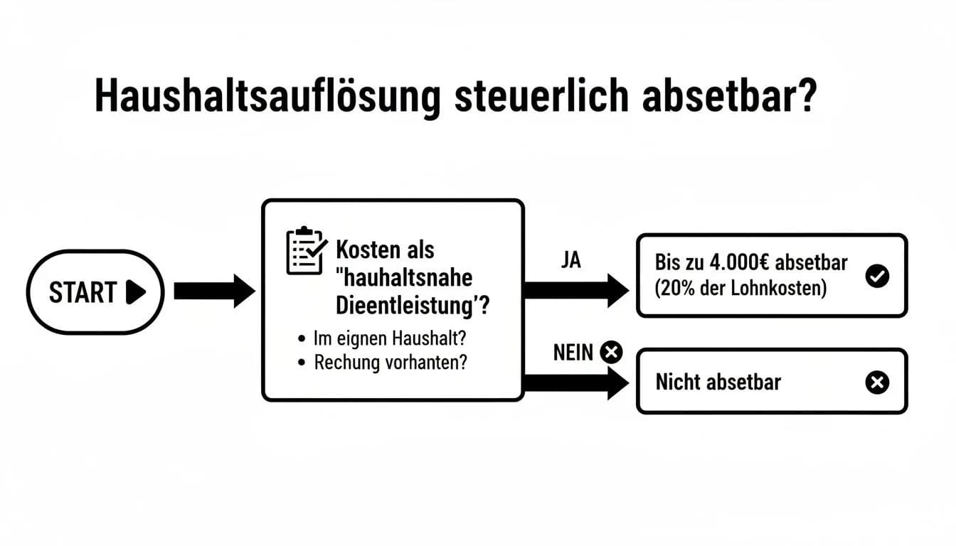 Flussdiagramm zur Frage, ob Haushaltsauflösungskosten steuerlich absetzbar sind, abhängig von Dienstleistungsart und Nachweis.