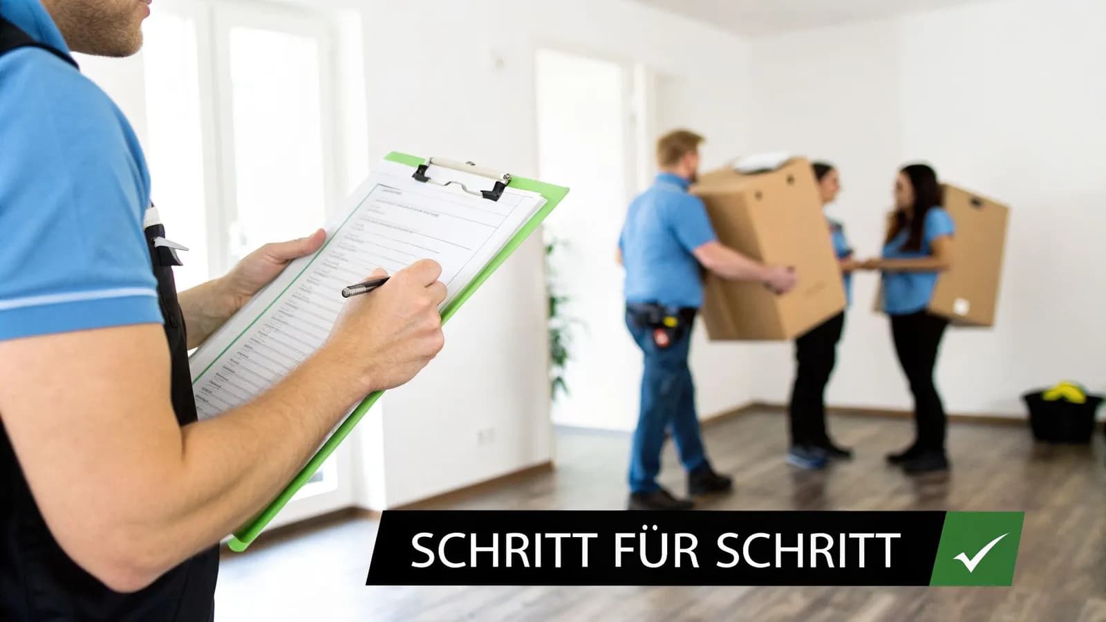 Ein Mann füllt eine Checkliste aus, während Umzugshelfer Kartons tragen, symbolisiert den schrittweisen Prozess.