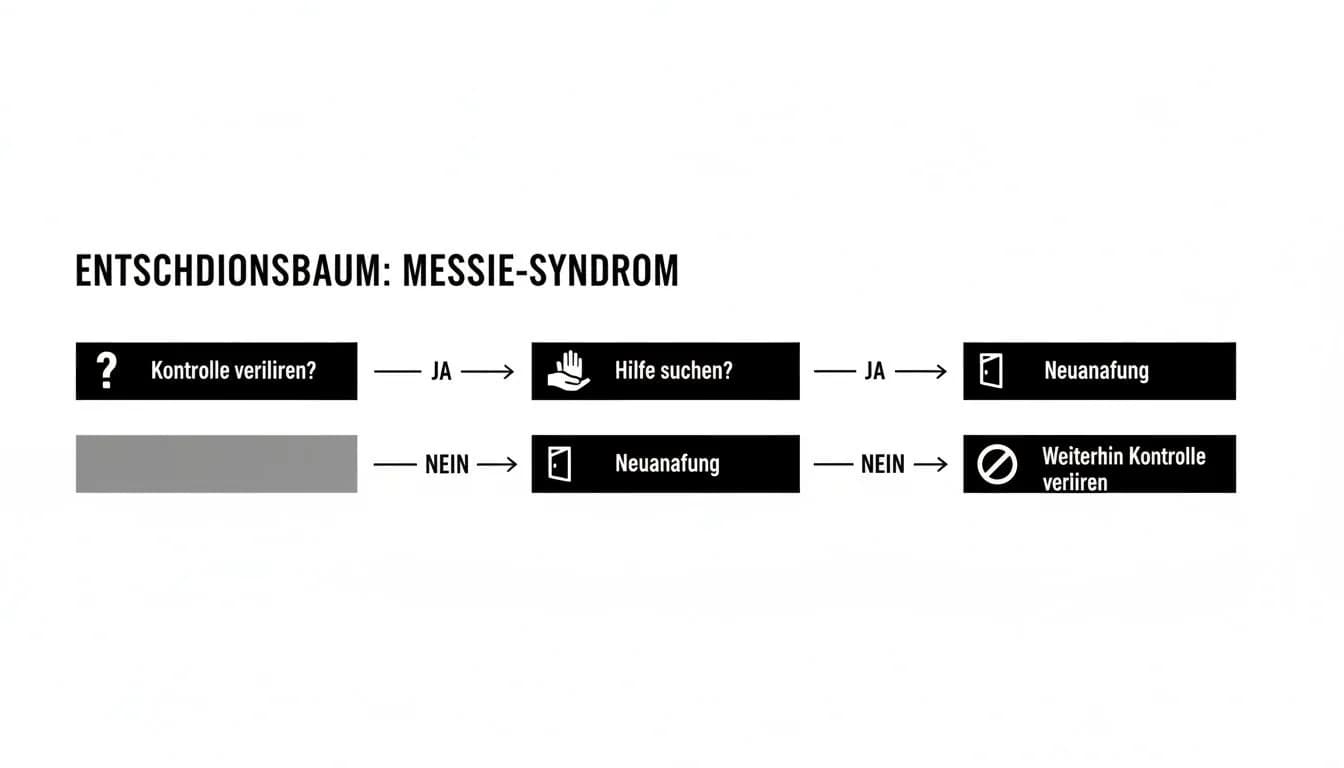 Entscheidungsbaum zum Messie-Syndrom, der Fragen zur Kontrolle und Hilfe mit Ergebnissen wie Neuanfang und Kontrollverlust darstellt.