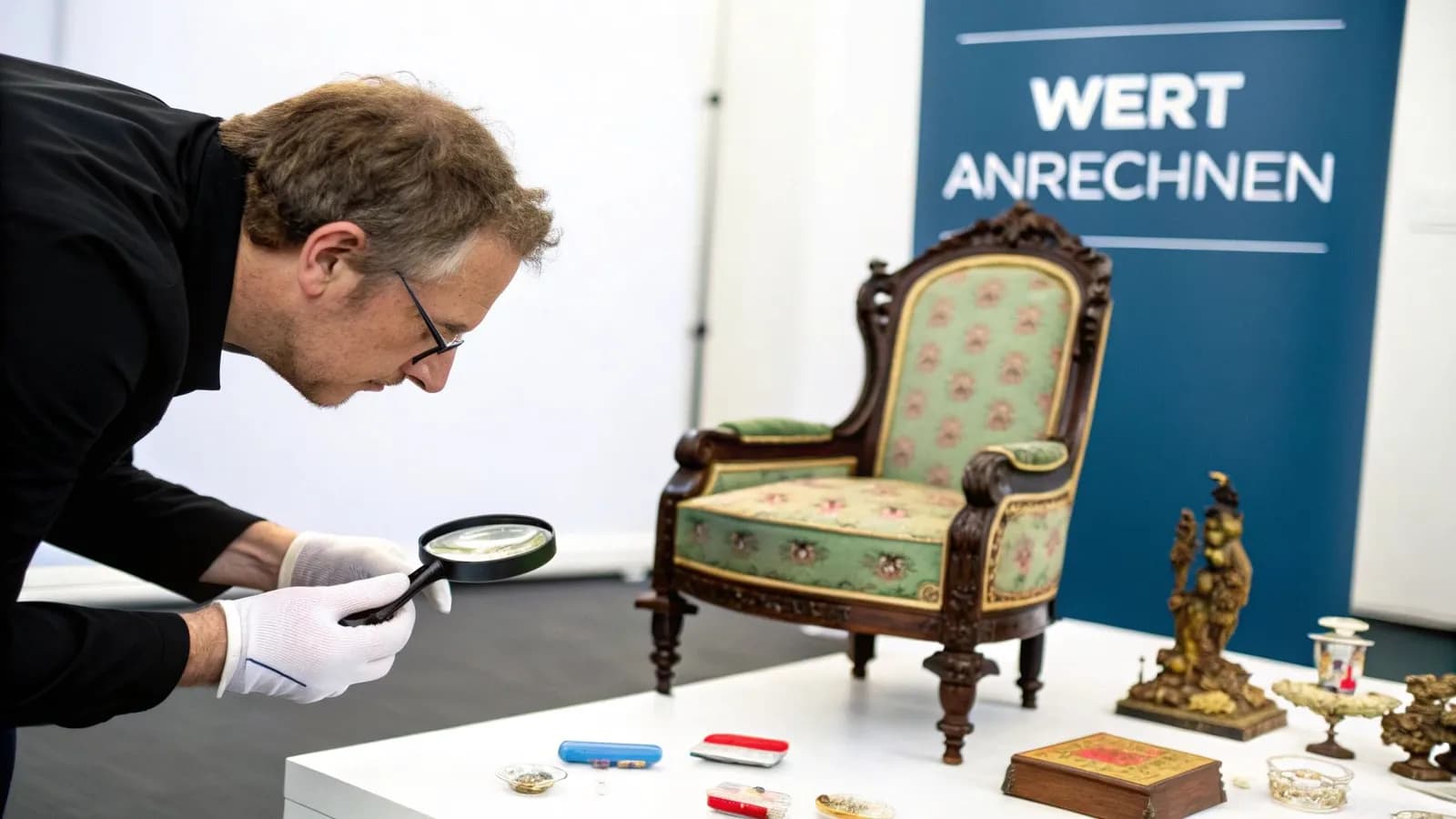 Ein Experte mit Handschuhen und Brille untersucht sorgfältig antike Gegenstände auf einem Tisch mit einer Lupe.