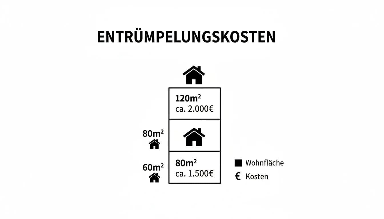 Infografik zu Entrümpelungskosten: Beispiele für Wohnflächen (60m², 80m², 120m²) und die damit verbundenen ungefähren Kosten.