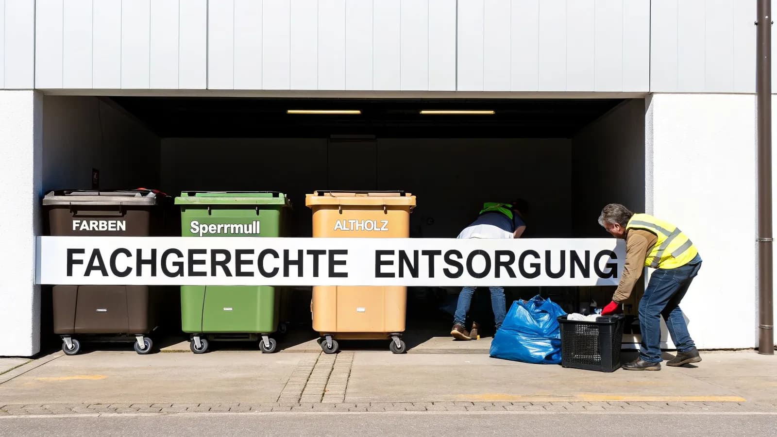 Menschen entsorgen fachgerecht Abfälle in verschiedenen Containern für Farben, Sperrmüll und Altholz an einer Recyclingstation.