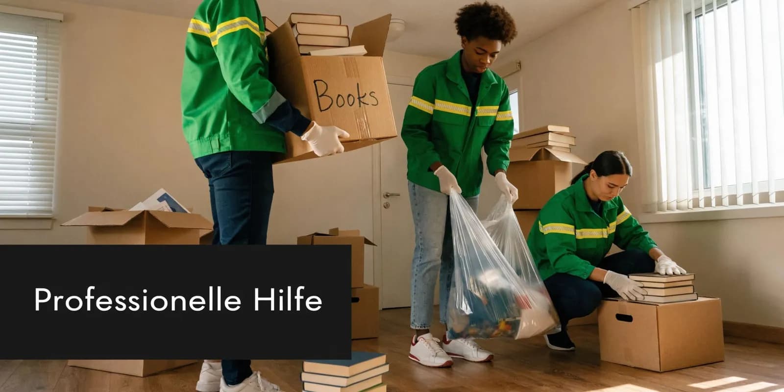 Drei professionelle Helfer in grüner Arbeitskleidung sortieren und verpacken Gegenstände in einem aufgeräumten Wohnraum bei der Haushaltsauflösung.