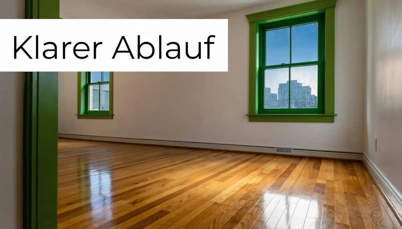 Ein leerer, sonnendurchfluteter Raum mit glänzendem Holzboden und leuchtend grünen Fensterrahmen nach einer Haushaltsauflösung.