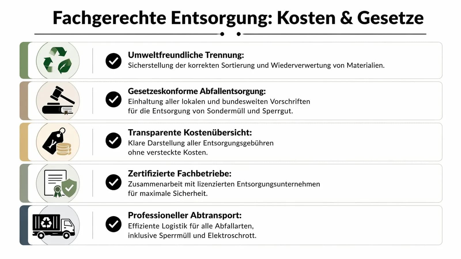 Eine Infografik zur fachgerechten Entsorgung mit Informationen zu Trennung, Gesetzen, Kosten, zertifizierten Betrieben und dem professionellen Abtransport von Abfällen.