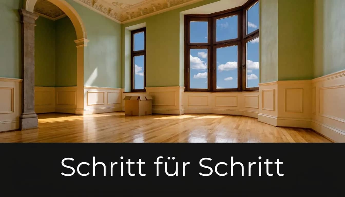 Ein leerer Raum mit hellgrünen Wänden, Holzboden, großen Fenstern und einem einzelnen Karton vor dem Fenster.