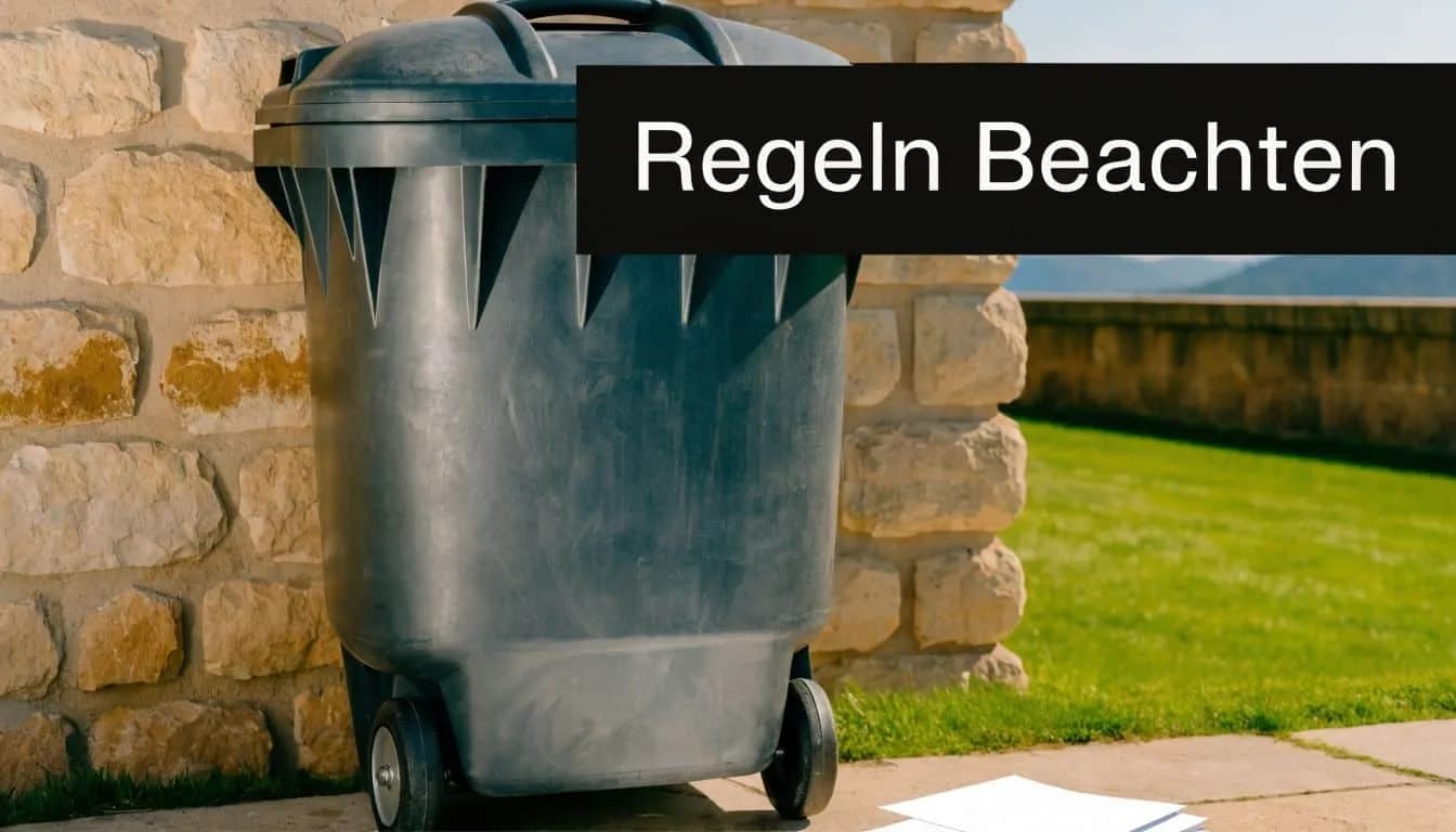 Ein großer schwarzer Müllcontainer steht vor einer Steinmauer im Freien, darüber der Text Regeln Beachten.