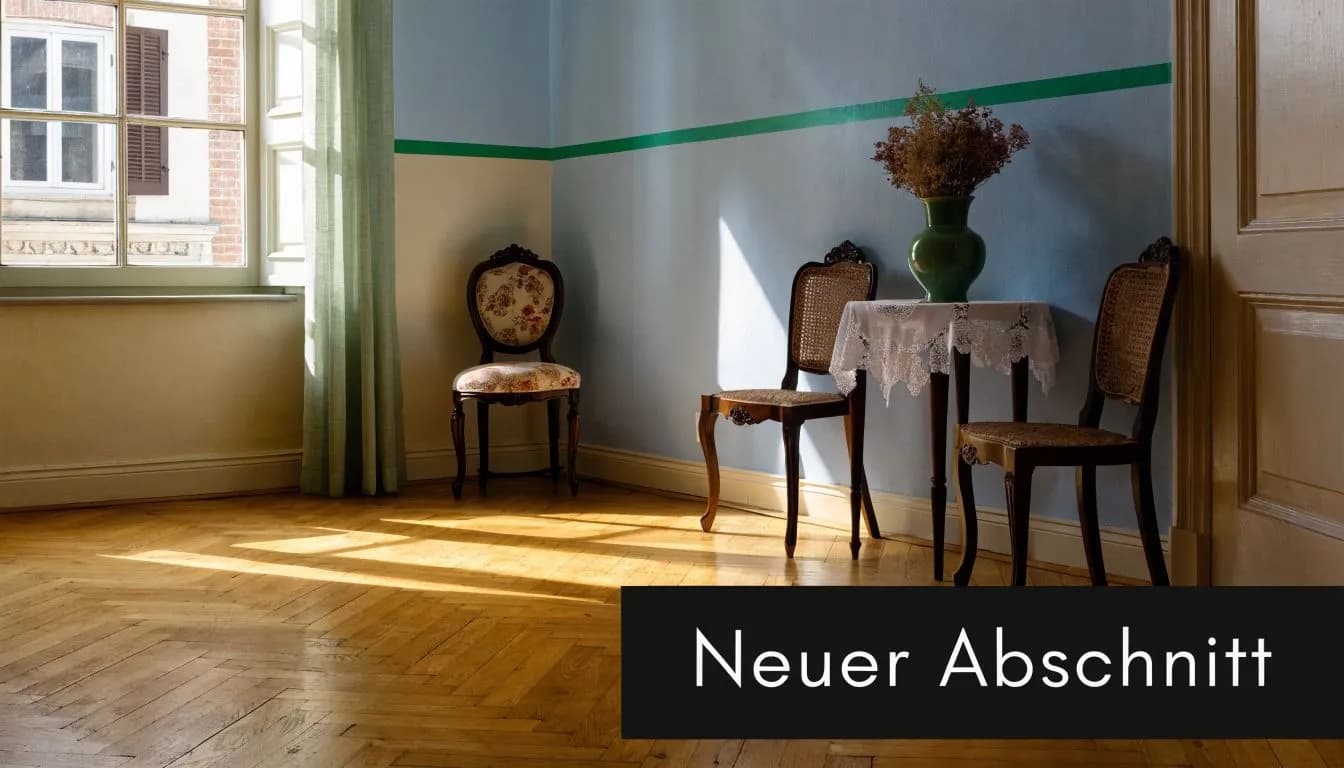 Ein sonnendurchfluteter Raum mit einem Holzboden, eleganten antiken Stühlen, einem kleinen Tisch und einem hellgrünen Vorhang.