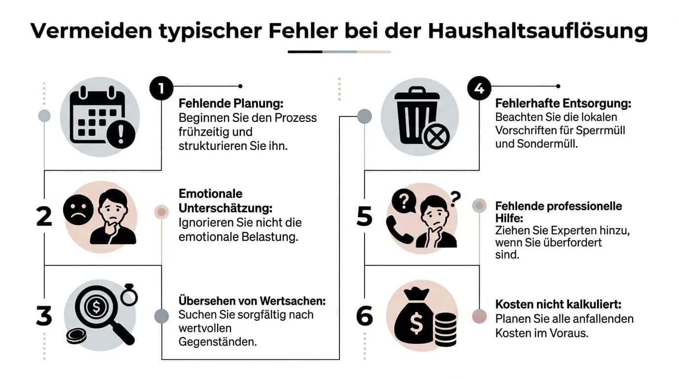 Infografik mit sechs Tipps zur Vermeidung typischer Fehler bei der Planung einer Haushaltsauflösung oder Entrümpelung.
