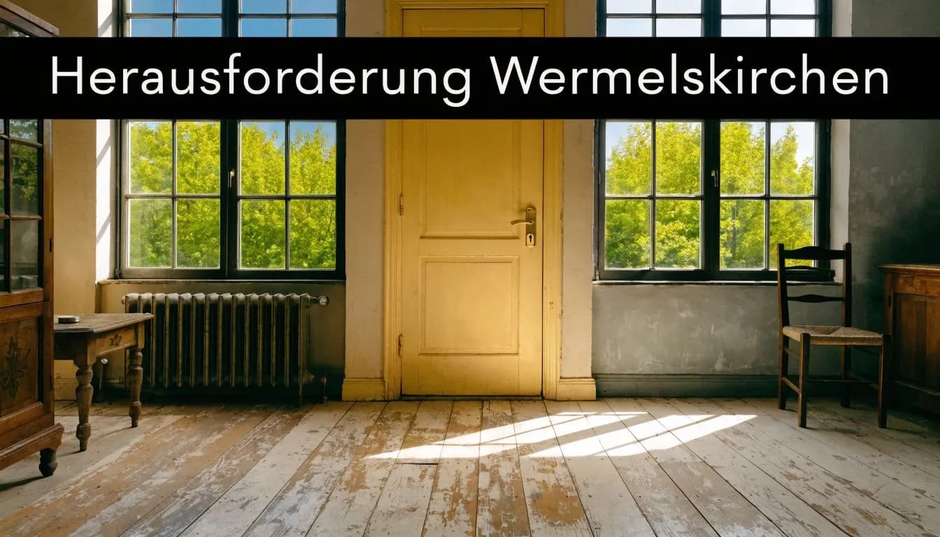 Ein heller, sonnendurchfluteter Raum mit einem zentralen gelben Türrahmen, alten Holzdielen und einem Heizkörper vor einem Fenster.