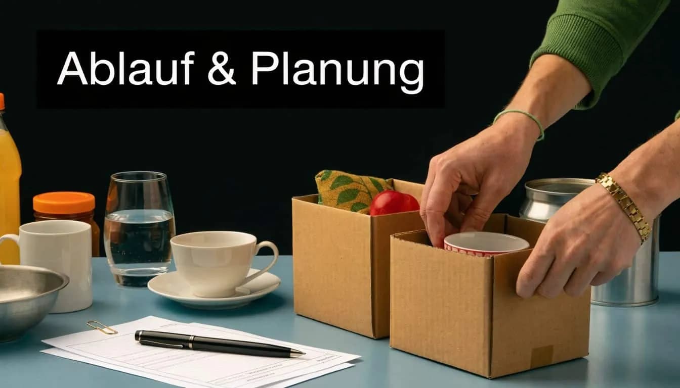 Eine Person verpackt Gegenstände für den Umzug in Kartons an einem Schreibtisch mit Stift und Notizblock.