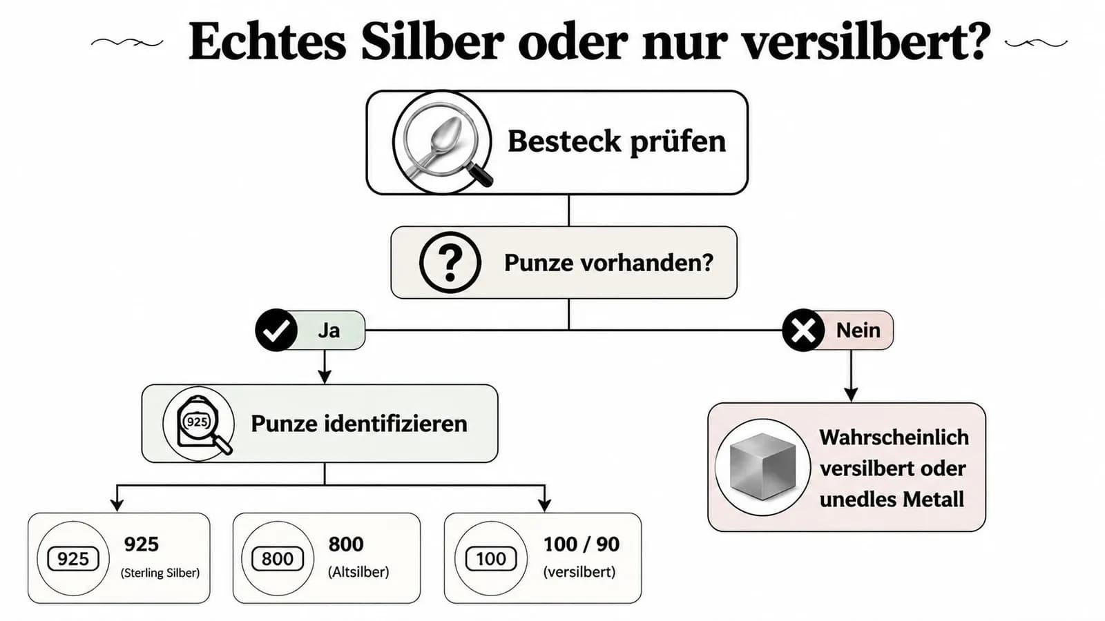 Ein Flussdiagramm erklärt, wie man durch Prüfung der Punzen echtes Silber von versilbertem Besteck unterscheiden kann.