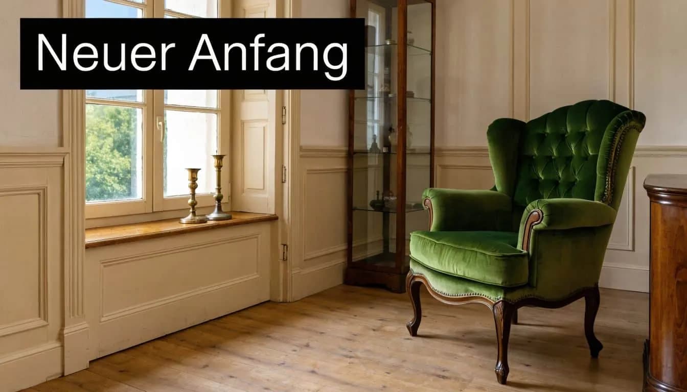 Ein eleganter grüner Samtsessel steht in einem hellen, klassisch eingerichteten Zimmer vor einem Fenster mit Kerzenhaltern.