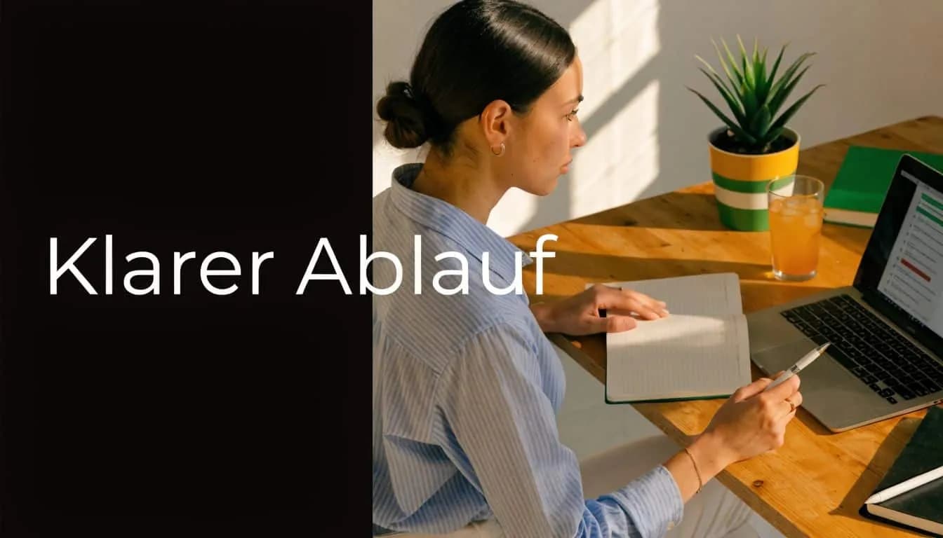 Eine junge Frau arbeitet konzentriert an ihrem Laptop und macht Notizen an einem sonnigen Arbeitsplatz im Büro.