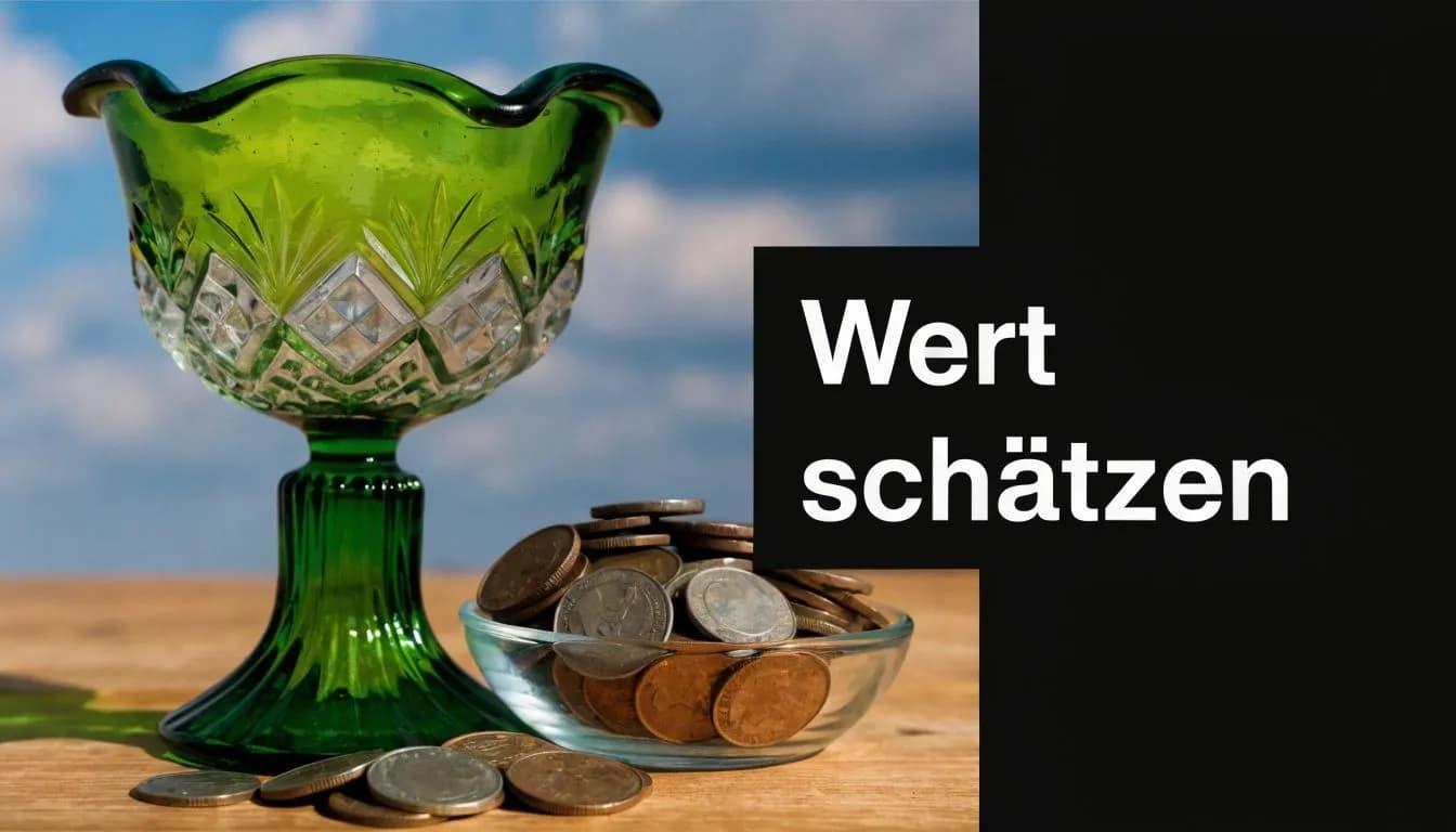Ein grüner Kelch aus Glas steht neben einer kleinen Schale, die mit vielen verschiedenen Münzen gefüllt ist.