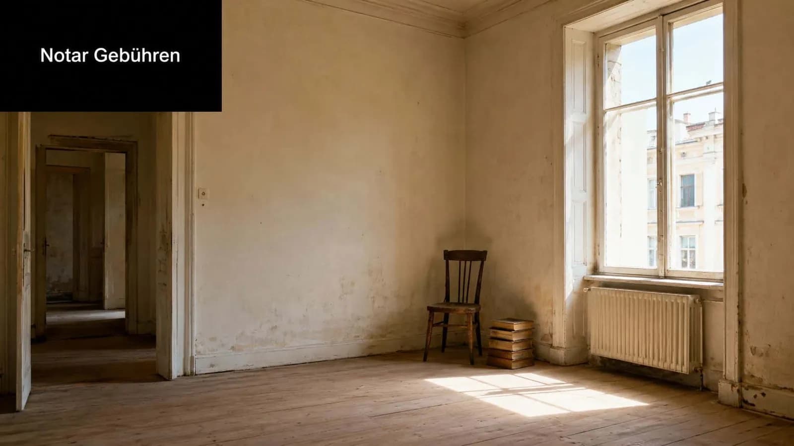 Ein leerer Raum mit einem alten Holzstuhl, einem Bücherstapel und einem Fenster in einem Altbau.