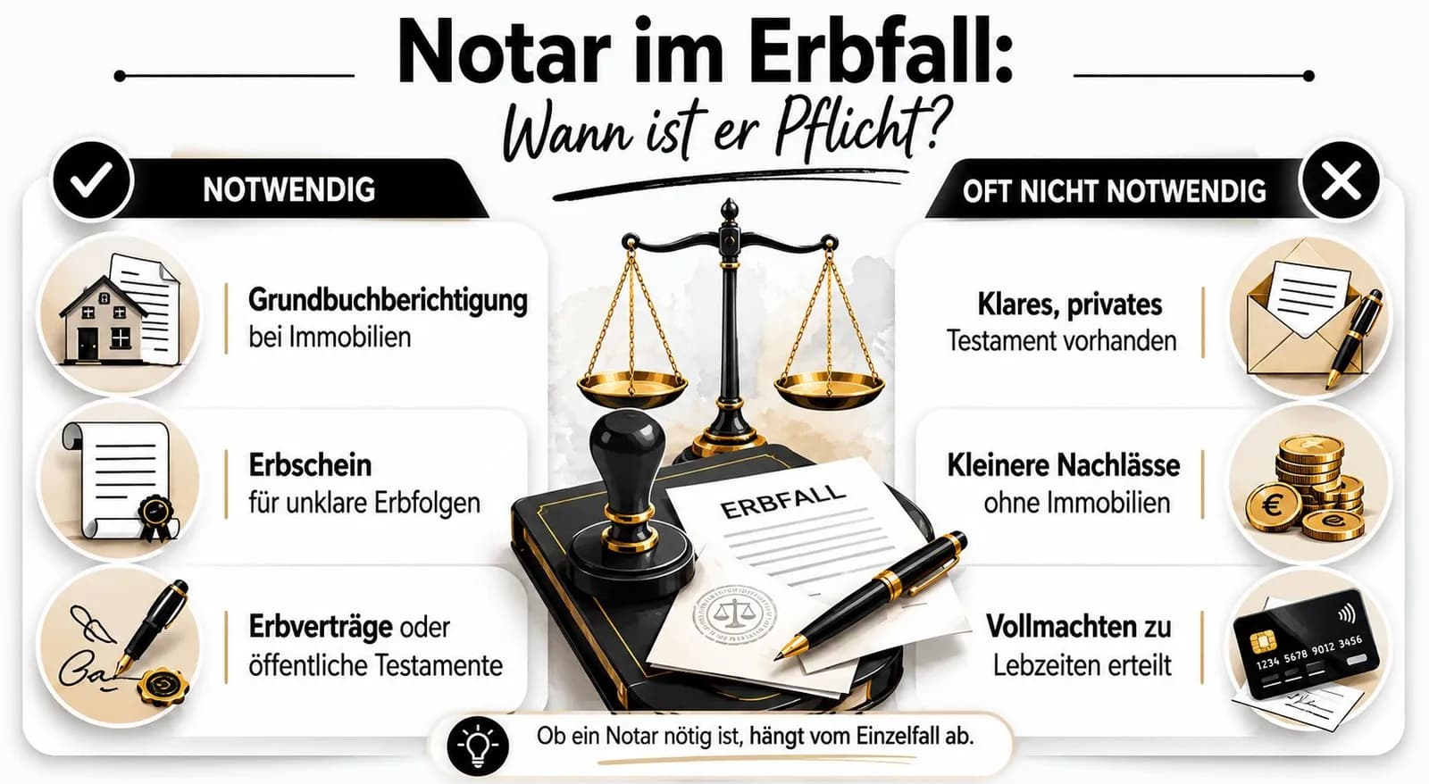 Infografik darüber, wann bei einem Erbfall ein Notar rechtlich notwendig ist oder nicht benötigt wird.