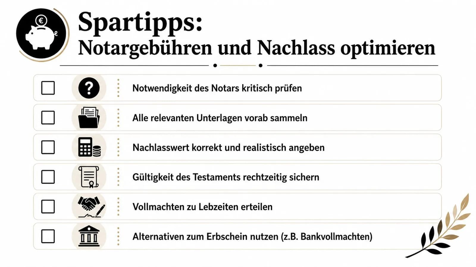Eine Infografik mit sechs Spartipps zur Optimierung von Notargebühren und Nachlass bei einer Erbschaft.