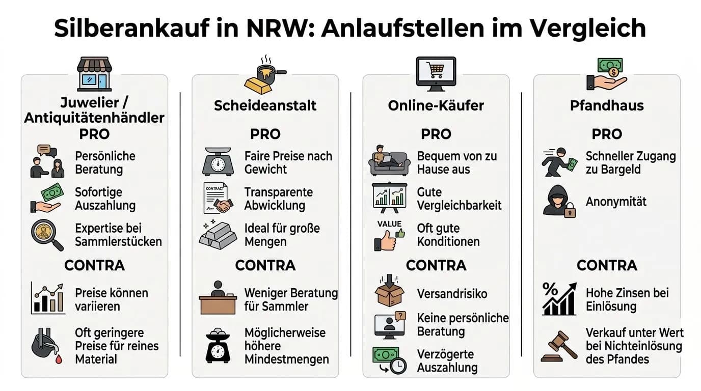 Infografik zum Vergleich von Anlaufstellen für den Silberankauf in NRW mit Pro- und Contra-Argumenten.