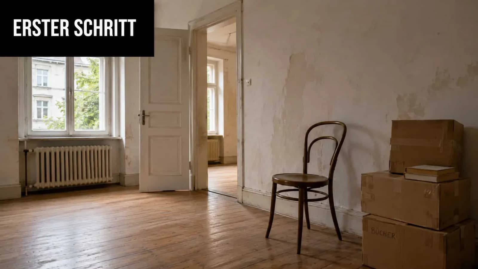 Ein leerer Raum mit Holzboden, einem alten Holzstuhl und Umzugskartons in einer Altbauwohnung während des Auszugs.