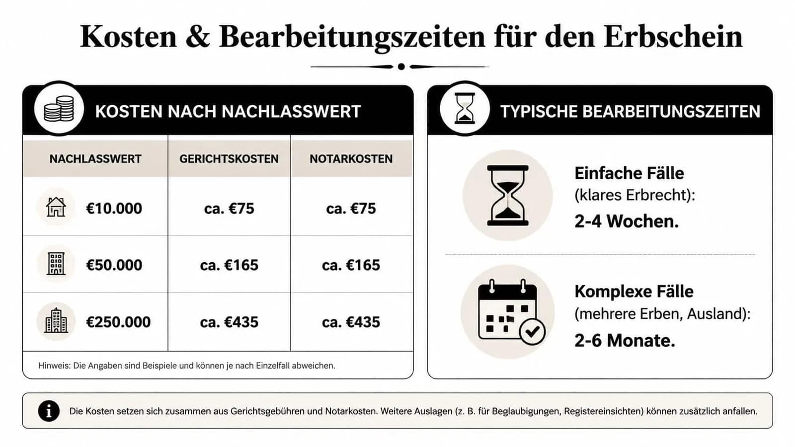 Übersicht zu Kosten und Bearbeitungszeiten für die Beantragung eines Erbscheins bei unterschiedlichen Nachlasswerten und Fallkomplexitäten.