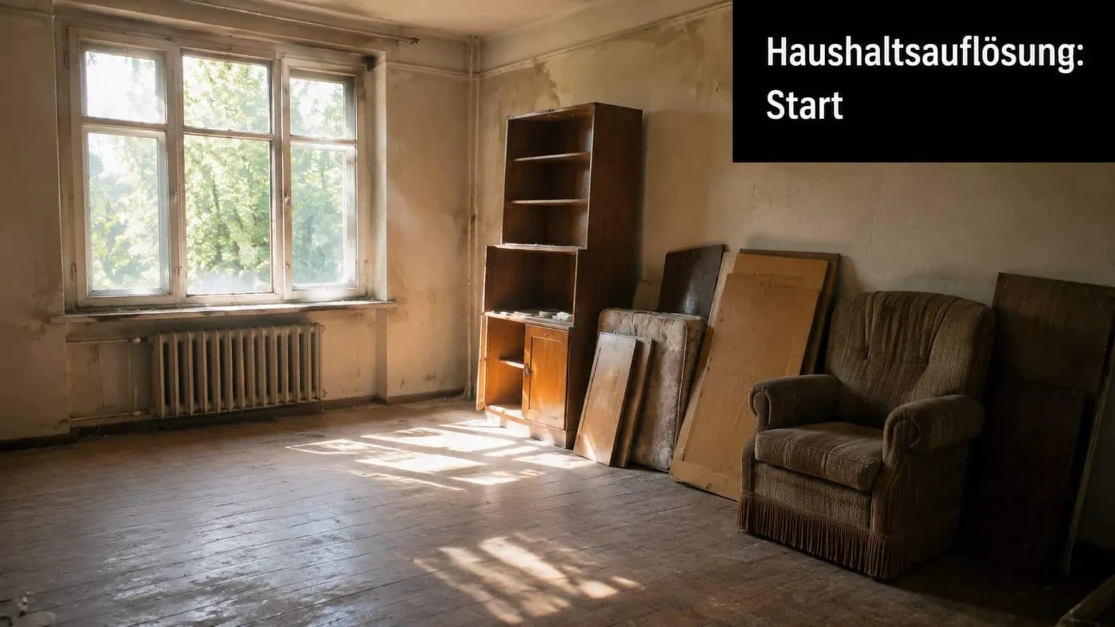 Ein leerer Raum mit einem alten Sessel, Holzmöbeln und einem großen Fenster während der Haushaltsauflösung.
