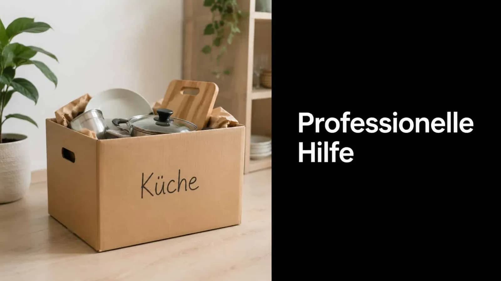 Ein brauner Umzugskarton mit der Aufschrift Küche steht neben einer Pflanze in einem hellen Raum.
