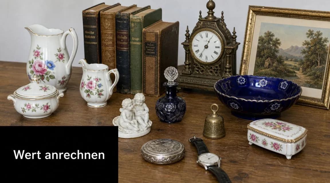Eine Auswahl an antiken Gegenständen wie Porzellan, Büchern, einer Uhr und Dekorationsartikeln auf einem Holztisch.