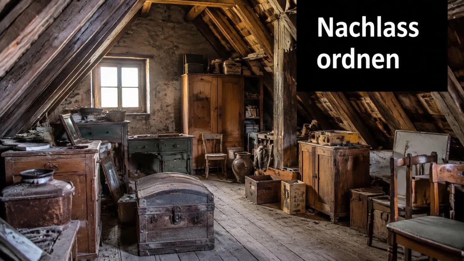 Ein verstaubter Dachboden mit alten Möbeln, einem Holztruhe, Stühlen und verschiedenen Gegenständen, die aussortiert werden müssen.